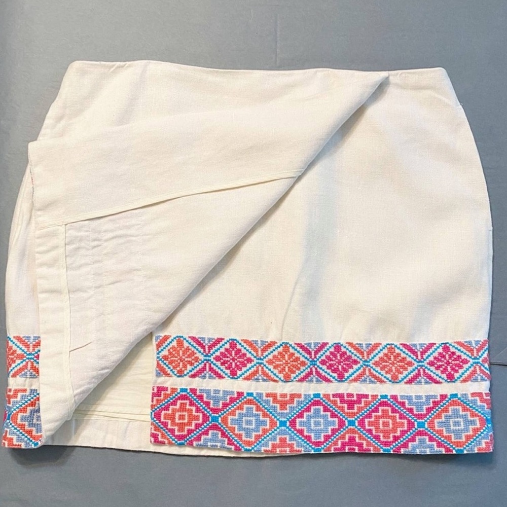 Tory Burch Ivory Embroidered Ruby Linen Faux Wrap Skirt - Picture 10 of 11